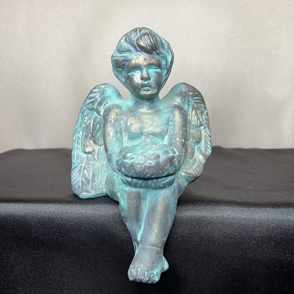 Vintage Meico Inc Ceramic Cherub Shelf Votive Holder Garden Angel Gold & Green